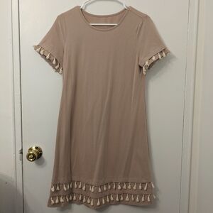 Romwe Women's Short Sleeve Loose Tunic Tassel Detail Dress in Apricot - Size S